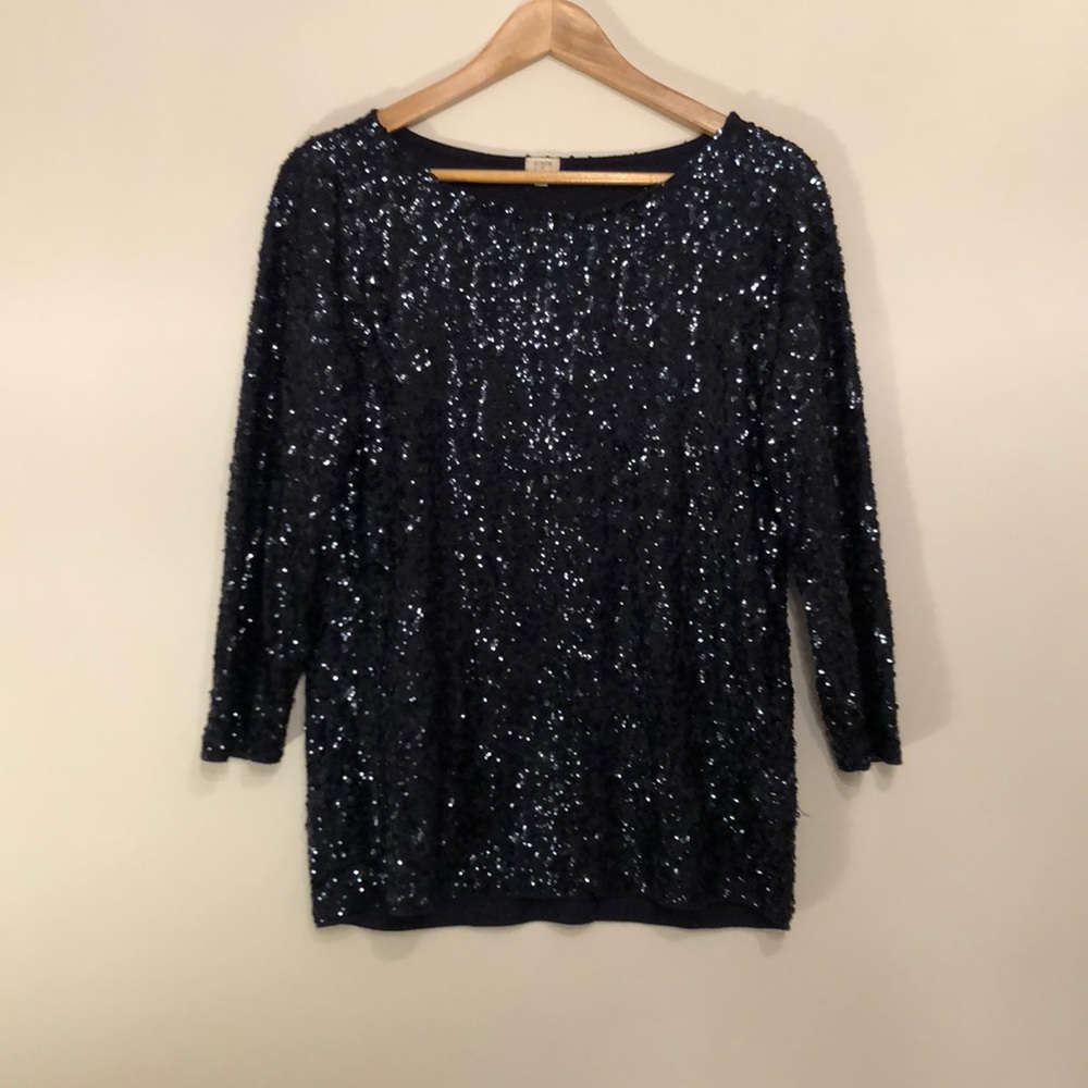 J Crew 3/4 sleeve draped sequin tee navy medium M - Picture 2 of 5